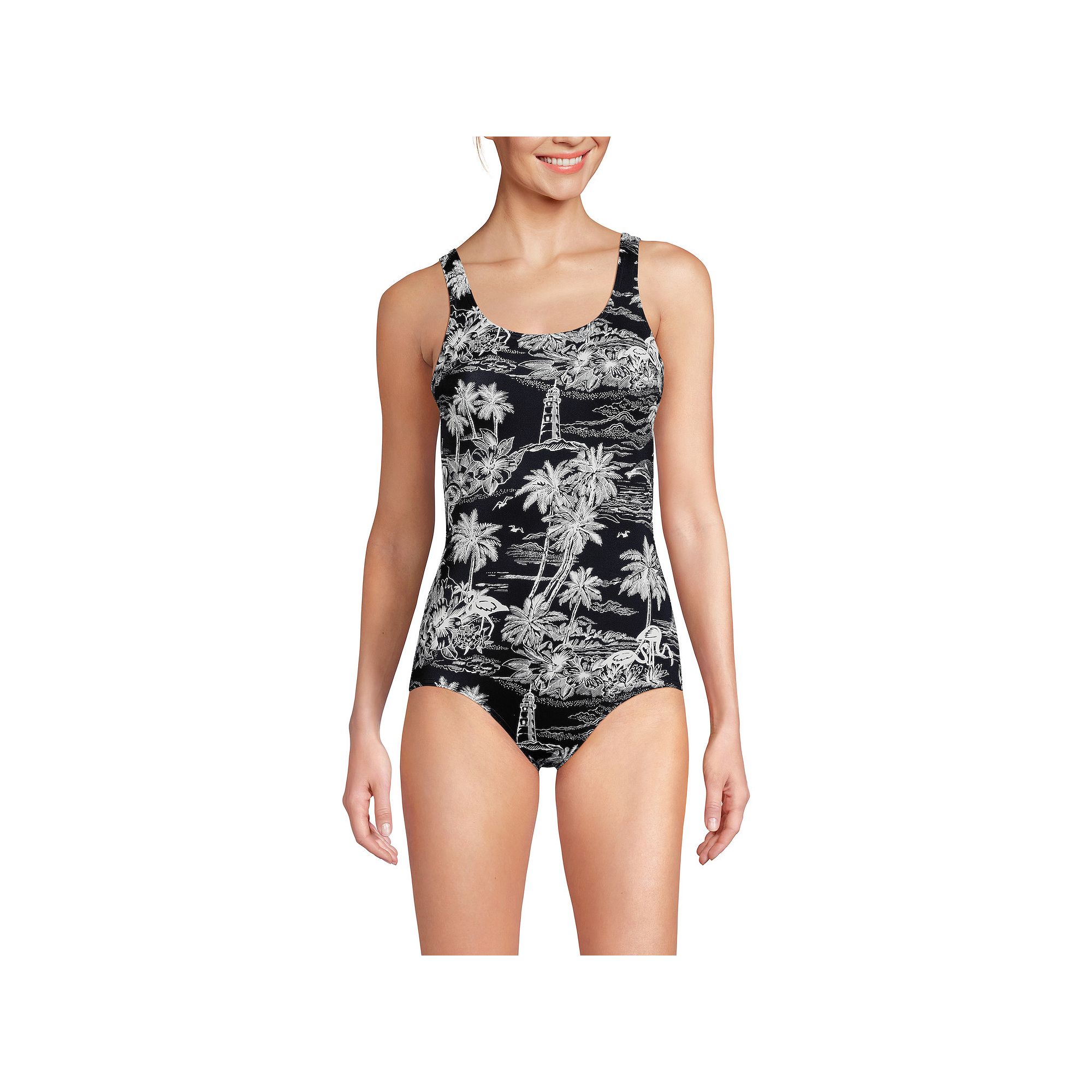 Womens Lands End Tugless Sporty UPF 50 One-Piece Swimsuit, Size: 2, Black