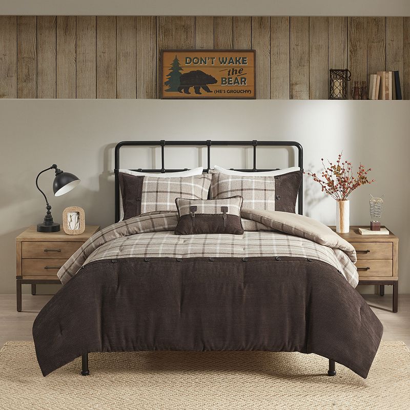 Woolrich Anaheim Plaid Comforter Set, Multicolor, King Incorporate a classic, cozy look into your bed with this Woolrich plaid comforter set. Incorporate a classic, cozy look into your bed with this Woolrich plaid comforter set. Click this BED & BATH GUIDE to find the perfect fit and more! Soft Plaid design Woven jacquard fabric with ribbed corduroy and decorative button Oversized and overfilled comforter for comfort Hidden zipper in the decorative pillow shell cover for easy cleaning Create that perfect cabin aesthetic in your bedroom with the Woolrich Anaheim 4-Piece Plaid Comforter Set. This woven jacquard comforter features a tan and brown plaid pattern pieced with solid brown corduroy at the foot of the bed.FULL/QUEEN 4-PIECE SET Comforter: 92 W x 94 L 2 Shams: 20 W x 26 L Throw Pillow: 12 W x 18 LKING/CAL. KING 4-PIECE SET Comforter: 106 W x 94 L Two Shams: 20 W x 36 L Throw Pillow: 12 W x 18 LCONSTRUCTION & CARE Polyester Polyester fill Machine wash (spot clean pillows) Imported Color: Multicolor. Gender: unisex. Age Group: adult. Pattern: Buffalo Plaid.