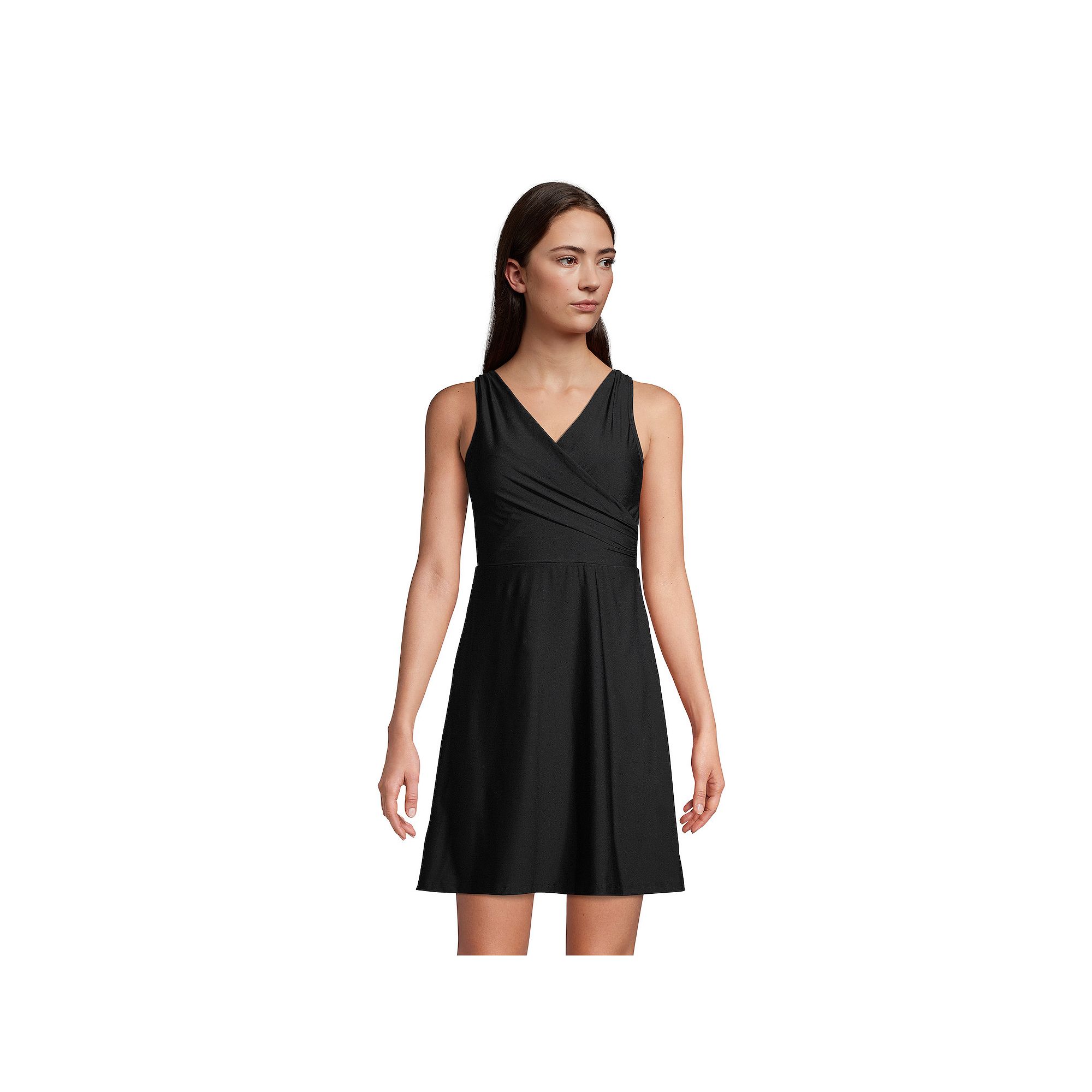 Womens Lands End Tummy Control Surplice Faux-Wrap One-Piece Swim Dress, S