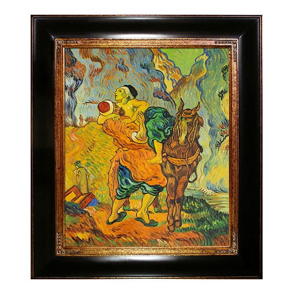 by Vincent Van Gogh Hand Painted Oil on Canvas with Versailles Gold Frame After Delacroix 27.5 x 23.5 Multi-Color La Pastiche Good Samaritan