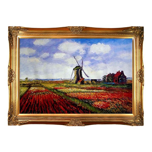 Vintage painting art claude monet  tulip fields flower canvas windmill Holland 