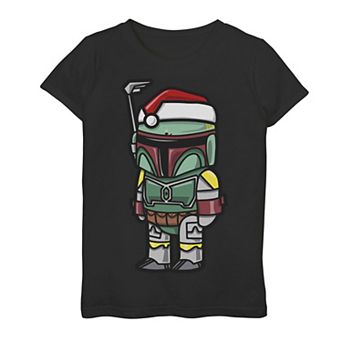 Girls 7-16 Star Wars Boba Fett Santa Hat Cartoon Style Christmas Graphic Tee
