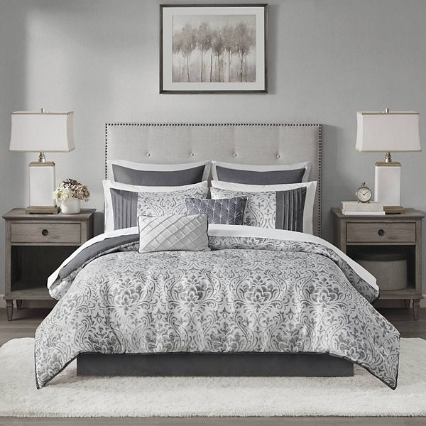 Madison Park Maisie 12-Piece Jacquard Complete Comforter Set with Bed Sheet Set and Throw Pillow - Silver (CAL KING)