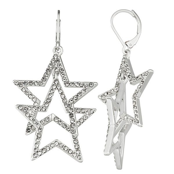 Nine West Silver Tone Simulated Crystal Double Star Drop Earrings