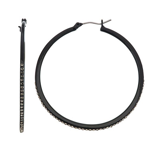 Nine West Black Tone & Simulated Crystal Hoop Earrings - Black
