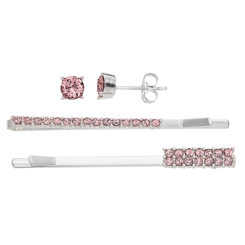 Brilliance Crystal Hair Pin & Stud Earring Set, Womens, Size: 6 mm, Pink