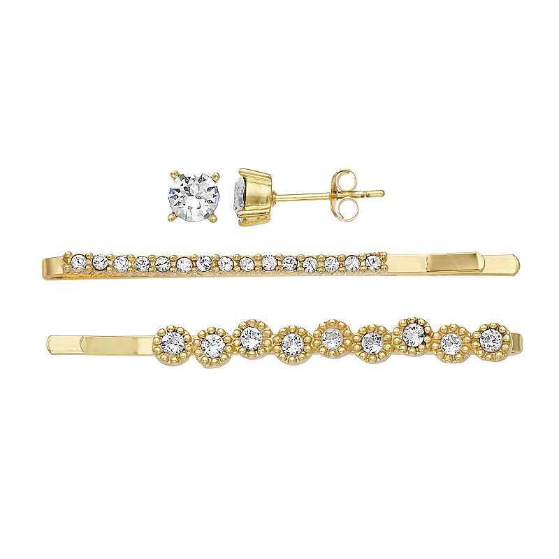 Brilliance 18k Gold Plated Crystal Hair Pins & Stud Earring Set, Womens, S