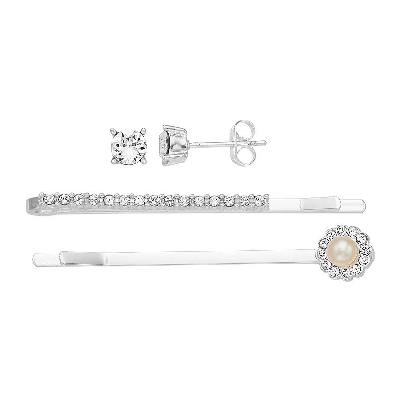 Brilliance Fine Silver Plated Crystal Stud Earring & Hair Clip Set, Womens