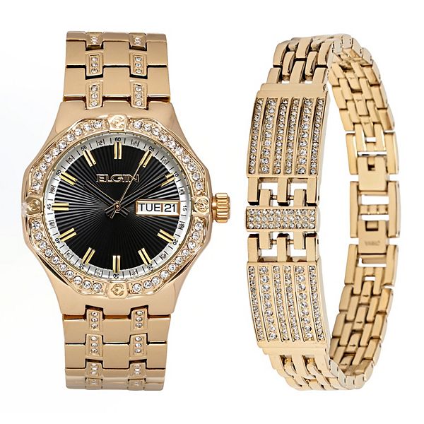 Elgin men's crystal accented shop watch and matching bracelet gold