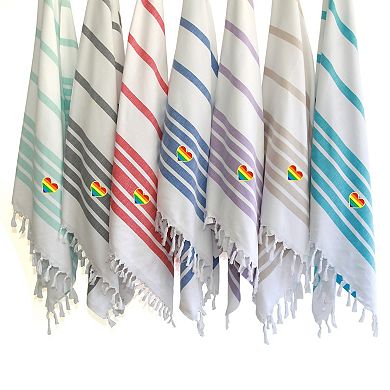 Linum Home Textiles Turkish Cotton Herringbone Cheerful Rainbow Heart Pestemal Beach Towel