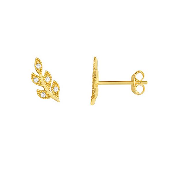 PRIMROSE Sterling Silver Cubic Zirconia Accent Beaded Leaf Stud Earrings - Yellow Gold Tone