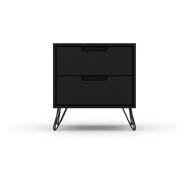 2.0 Rockefeller Nightstand Black - Manhattan Comfort: Modern Bedside Table with Metal Legs &#38; Storage