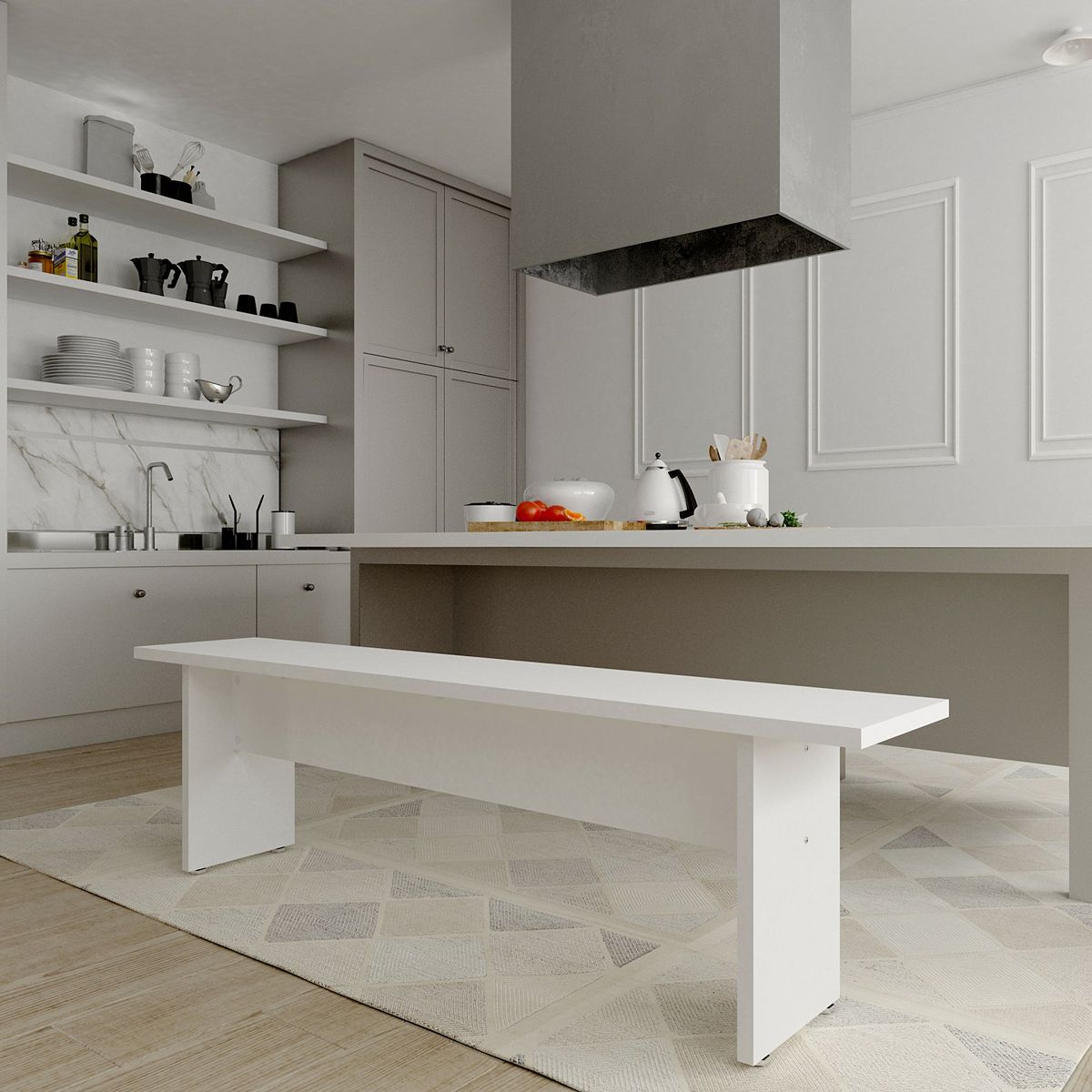 Rustic dining bench in white kitchen setting