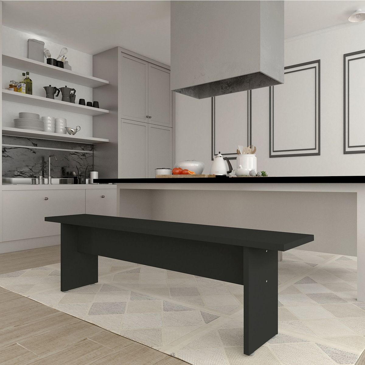 Dining bench with dark legs and rustic top