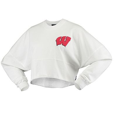 Women's White Wisconsin Badgers Raw Hem Cropped Spirit Jersey Long Sleeve T-Shirt