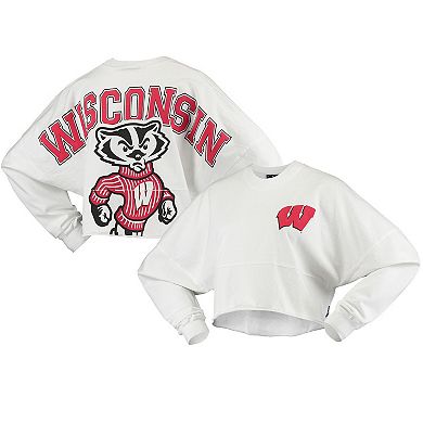 Women's White Wisconsin Badgers Raw Hem Cropped Spirit Jersey Long Sleeve T-Shirt