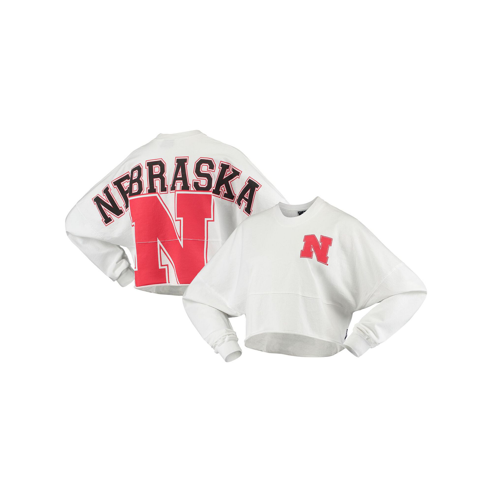 Womens White Nebraska Huskers Raw Hem Cropped Spirit Jersey Long Sleeve T-