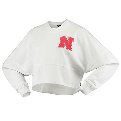Women's White Nebraska Huskers Raw Hem Cropped Spirit Jersey Long Sleeve T-Shirt