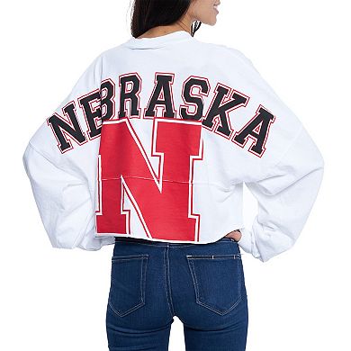 Women's White Nebraska Huskers Raw Hem Cropped Spirit Jersey Long Sleeve T-Shirt