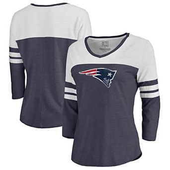 Women's Fanatics Branded Heathered Navy/White New England Patriots Distressed Team Striped Tri-Blend 3/4-Sleeve V-Neck T-Shirt