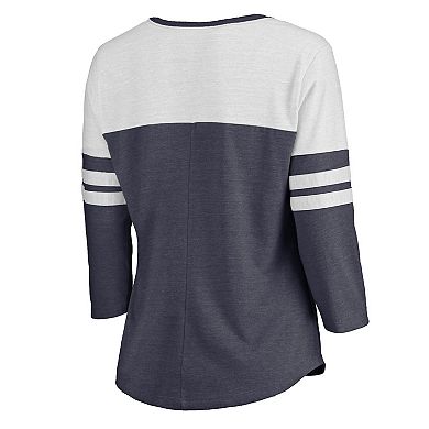 Women's Fanatics Branded Heathered Navy/White New England Patriots Distressed Team Striped Tri-Blend 3/4-Sleeve V-Neck T-Shirt