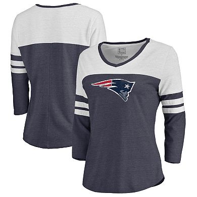 Women's Fanatics Branded Heathered Navy/White New England Patriots Distressed Team Striped Tri-Blend 3/4-Sleeve V-Neck T-Shirt