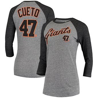Women's 5th & Ocean by New Era Johnny Cueto Gray San Francisco Giants Script Name & Number Raglan Tri-Blend 3/4-Sleeve T-Shirt