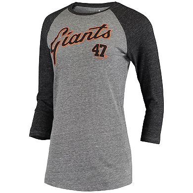 Women's 5th & Ocean by New Era Johnny Cueto Gray San Francisco Giants Script Name & Number Raglan Tri-Blend 3/4-Sleeve T-Shirt