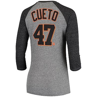 Women's 5th & Ocean by New Era Johnny Cueto Gray San Francisco Giants Script Name & Number Raglan Tri-Blend 3/4-Sleeve T-Shirt