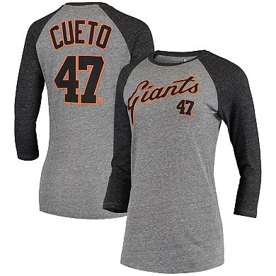 Women's 5th & Ocean by New Era Johnny Cueto Gray San Francisco Giants Script Name & Number Raglan Tri-Blend 3/4-Sleeve T-Shirt