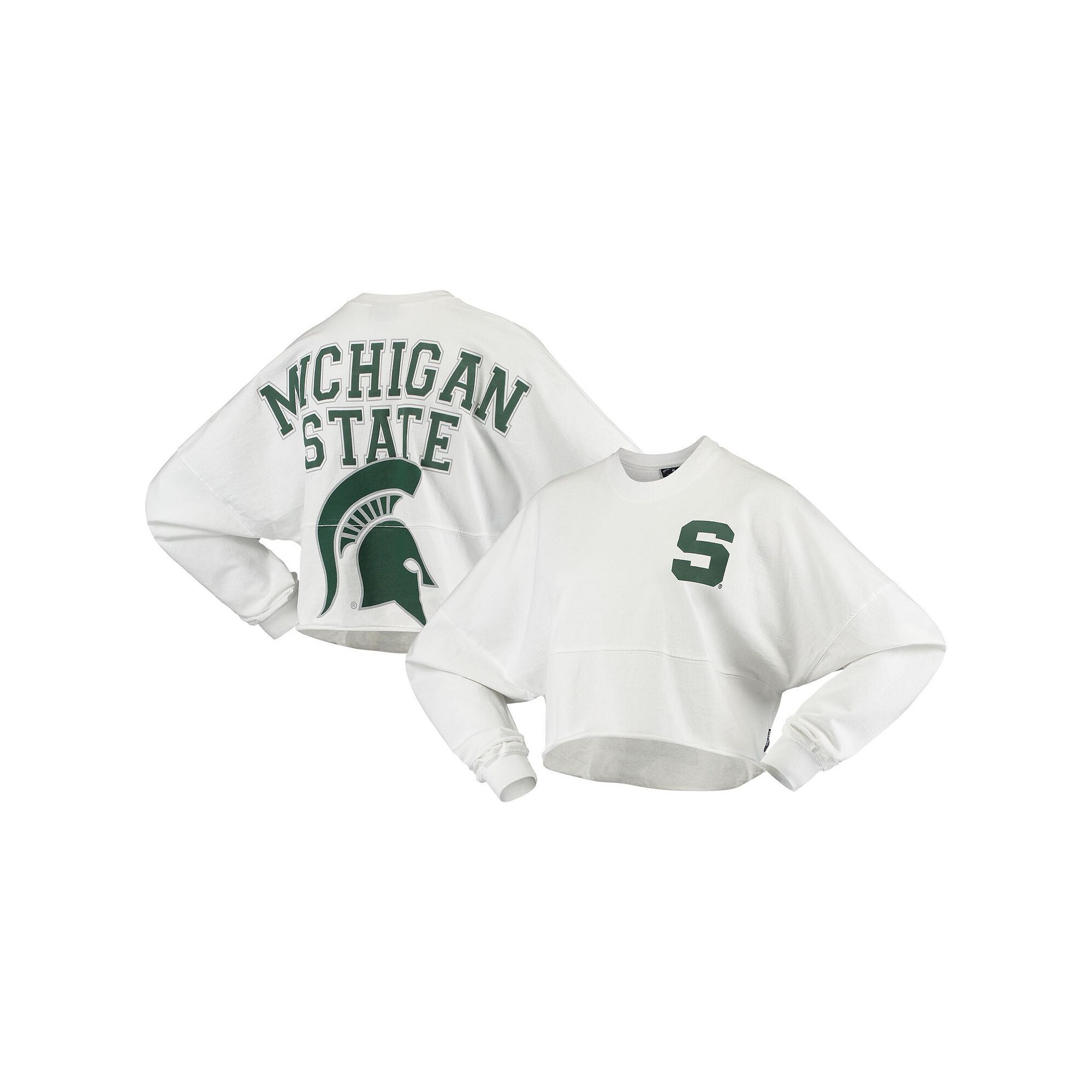 Womens White Michigan State Spartans Raw Hem Cropped Spirit Jersey Long Sl