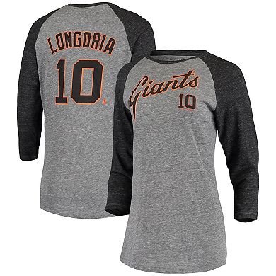 Women's 5th & Ocean by New Era Evan Longoria Gray San Francisco Giants Script Name & Number Raglan Tri-Blend 3/4-Sleeve T-Shirt