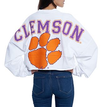 Women's White Clemson Tigers Raw Hem Cropped Spirit Jersey Long Sleeve T-Shirt