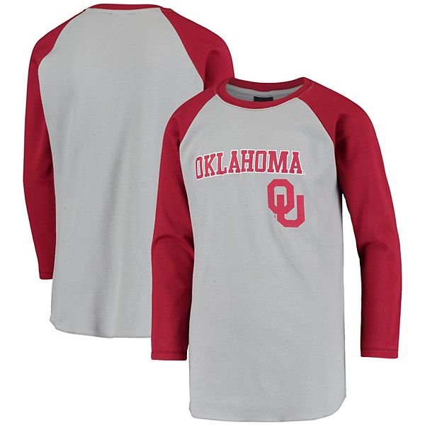 Youth Gray Crimson Oklahoma Sooners Softball Raglan 3 4 Sleeve T Shirt - king crimson roblox shirt