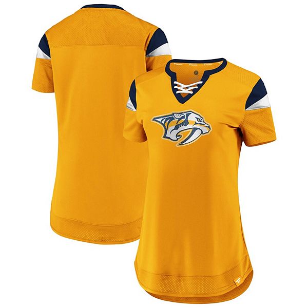 Women's NHL Edmonton Oilers Fanatics Branded Cacaphony Athena Short Sleeve  Shirt- Blue/Orange - Sports Closet