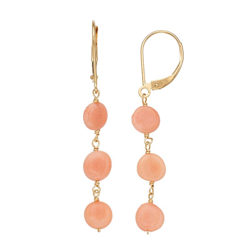 14k Gold Angel Skin Coral Rondelle Linear Drop Earrings, Womens, Pink