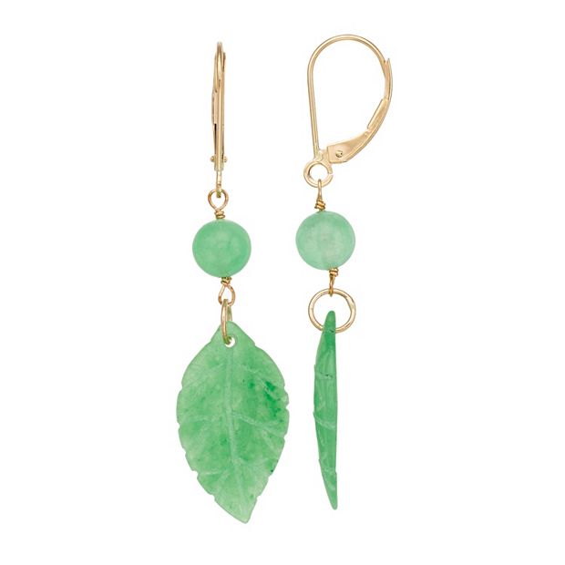 14k Gold Green Jade Leaf Drop Earrings