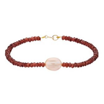 Jewelmak 14k Gold Freshwater Cultured Pearl & Garnet Bracelet