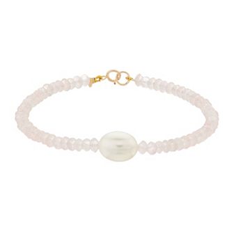 Jewelmak 14k Gold Rose Quartz Rondelle Freshwater Cultured Pearl Bracelet