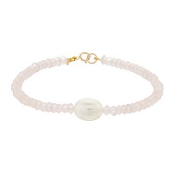 Jewelmak 14k Gold Rose Quartz Rondelle Freshwater Cultured Pearl Bracelet