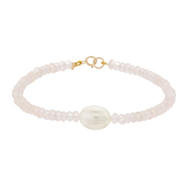 Jewelmak 14k Gold Rose Quartz Rondelle Freshwater Cultured Pearl Bracelet