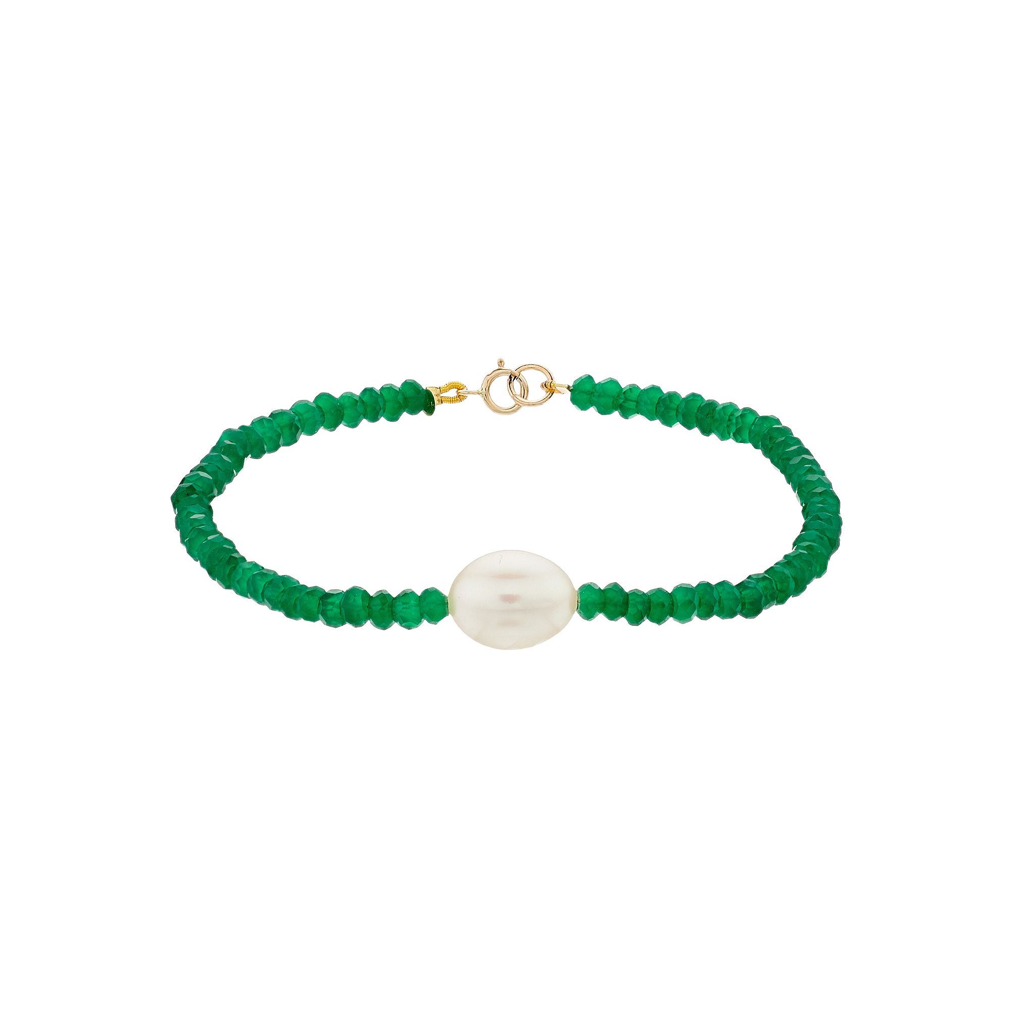 Jewelmak 14k Gold Green Onyx Rondelle Freshwater Cultured Pearl Bracelet, W