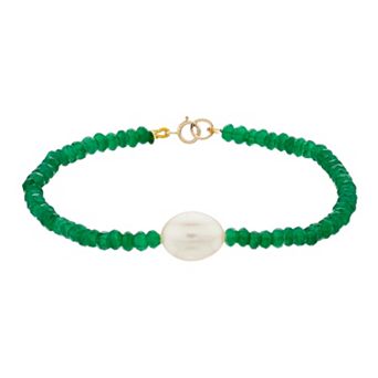 Jewelmak 14k Gold Green Onyx Rondelle Freshwater Cultured Pearl Bracelet