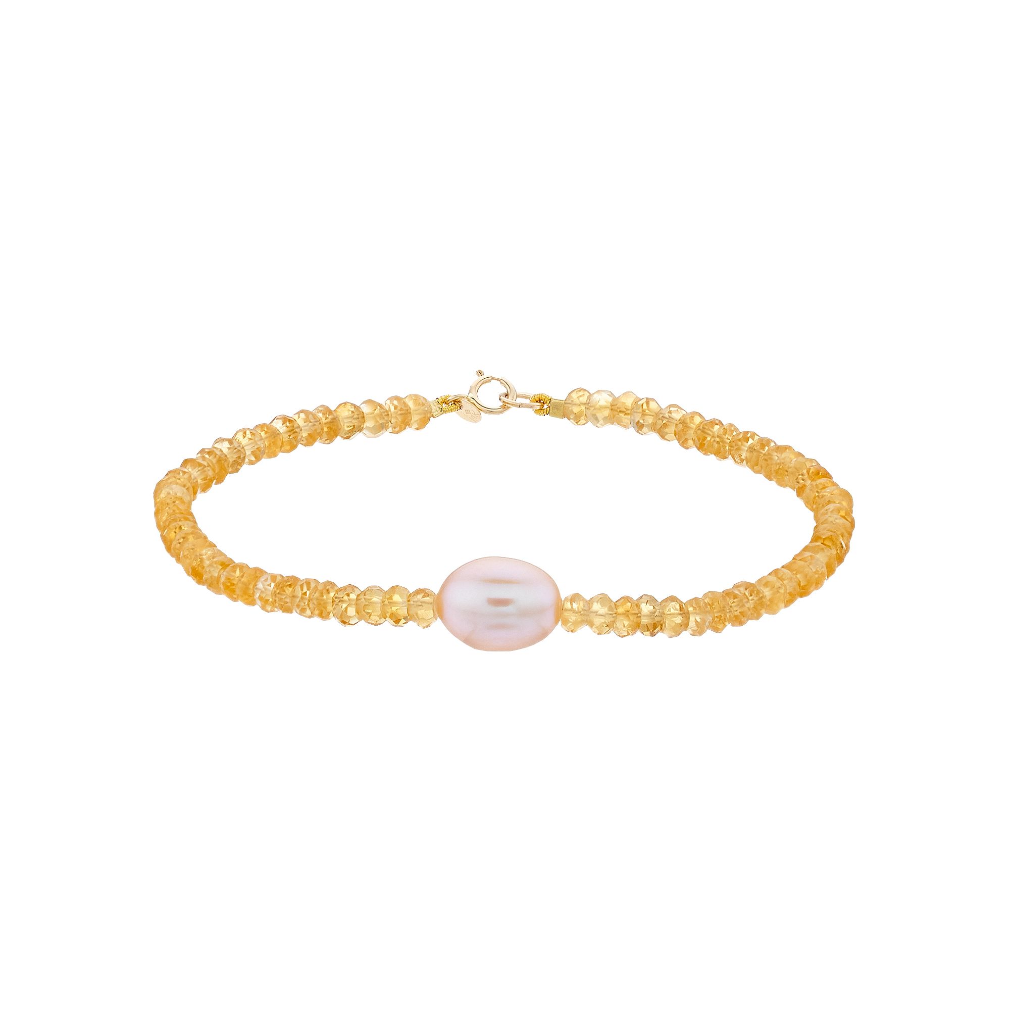 Jewelmak 14k Gold Citrine Rondelle Pink Freshwater Cultured Pearl Bracelet,