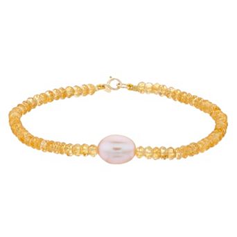 Jewelmak 14k Gold Citrine Rondelle Pink Freshwater Cultured Pearl Bracelet