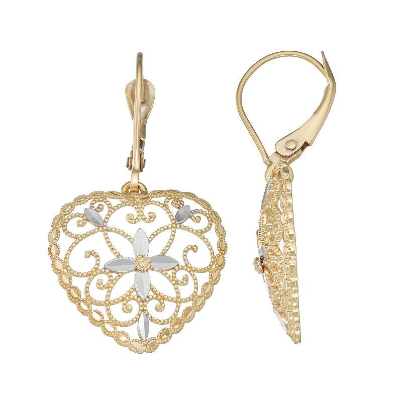 Fab-Gold 10k Gold Flower Heart Drop Earrings, Womens