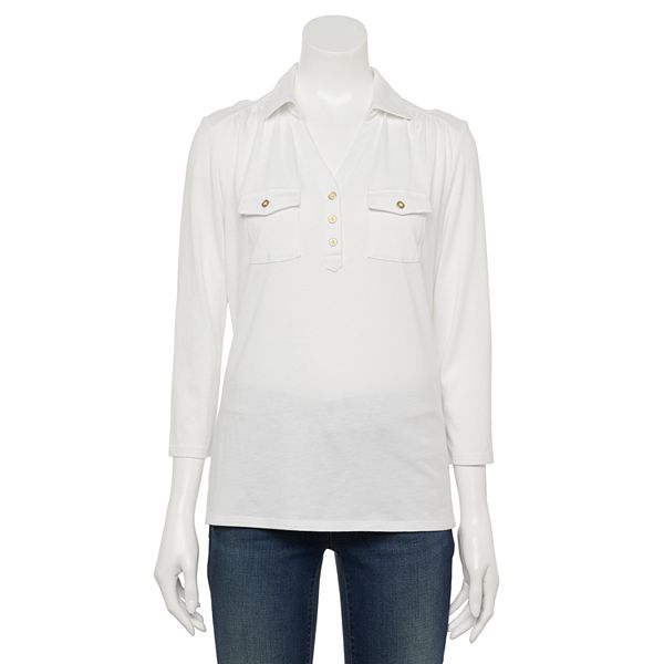 Petite Croft & Barrow® Three Quarter Sleeve Ruched Henley Top