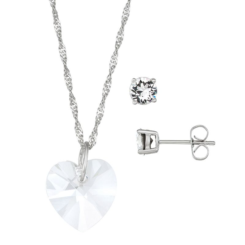 Brilliance Fine Silver-Plated Crystal Heart Pendant & Stud Earring Set, Wom
