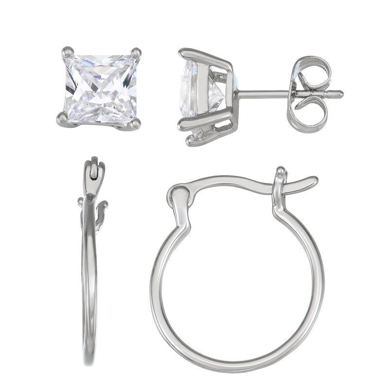 Brilliance Sterling Silver Crystal Square & Hoop Earring Set, Womens, Whit