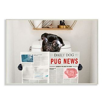 Stupell Home Decor Bathroom Pug Daily Toilet Briefing Dog Humor Plaque Wall Art